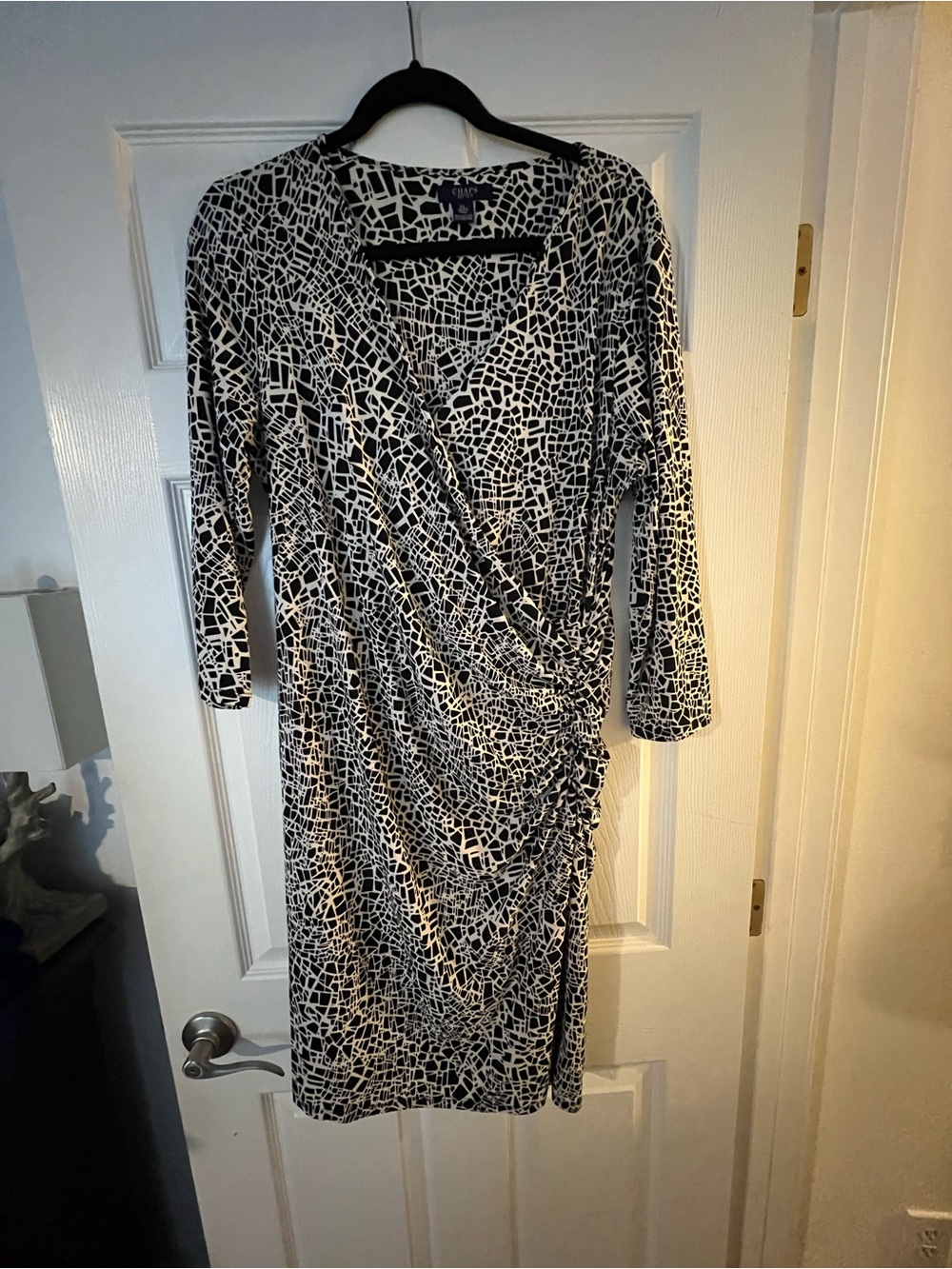 Chaps Black and White Printed Midi Wrap Dress with Long Sleeves